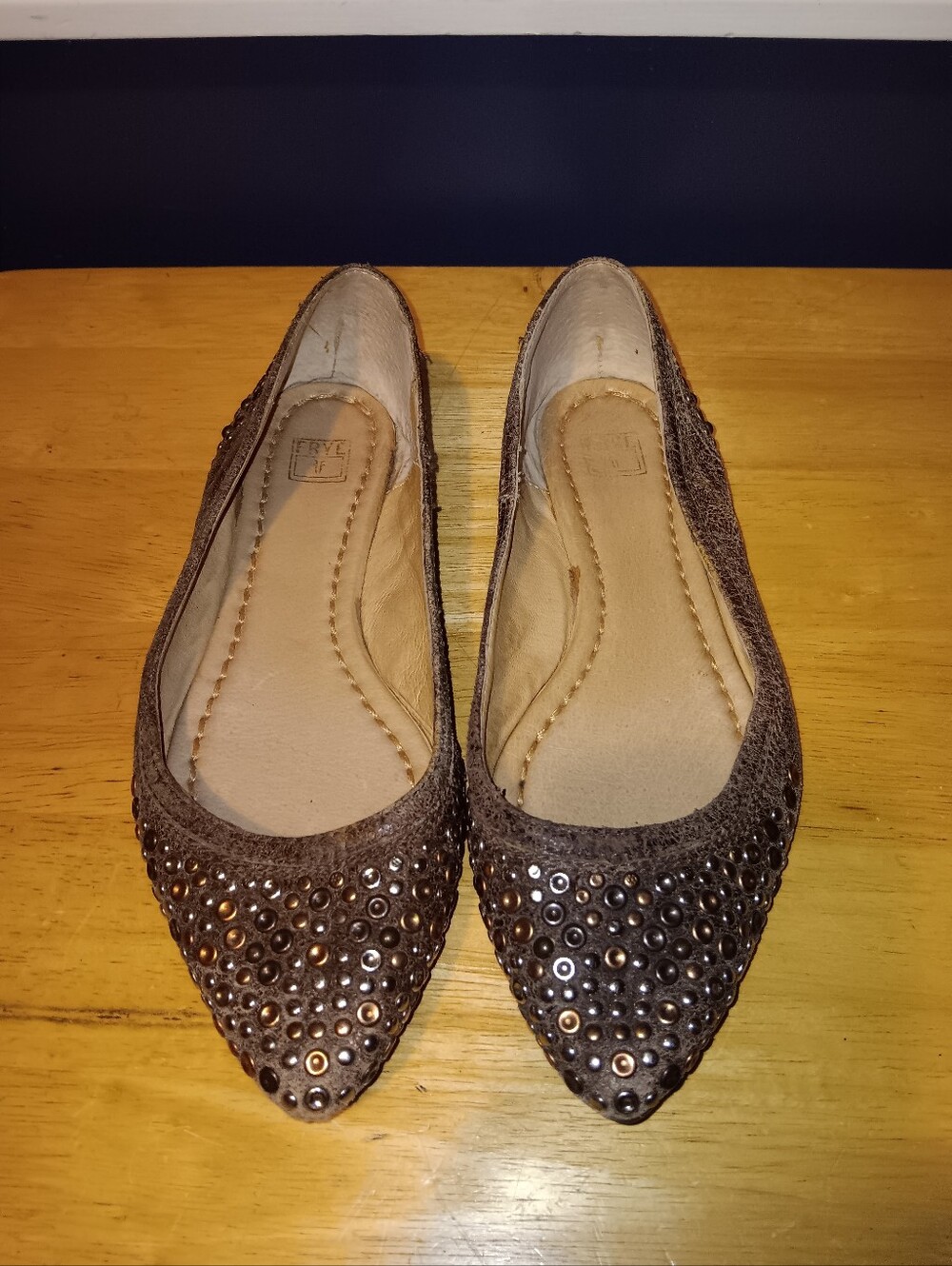 Frye Brown Leather Studded Pointed Toe Flats Size 6.5
